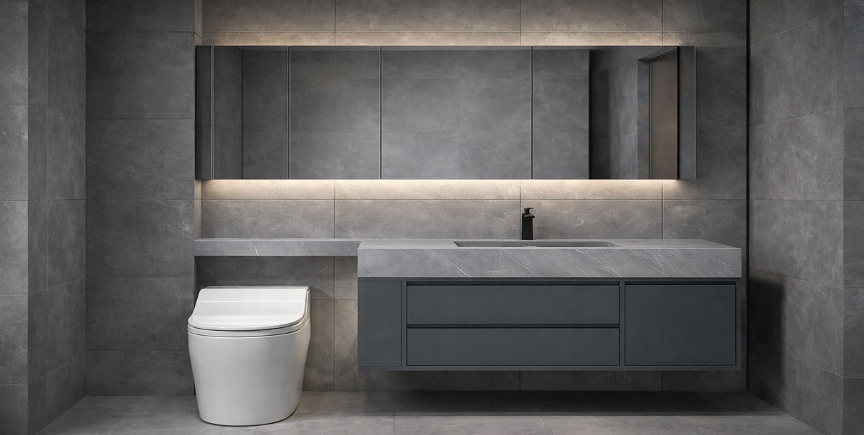 All in one bathroom sink wood vanity with integrated sink and mirror cabinet